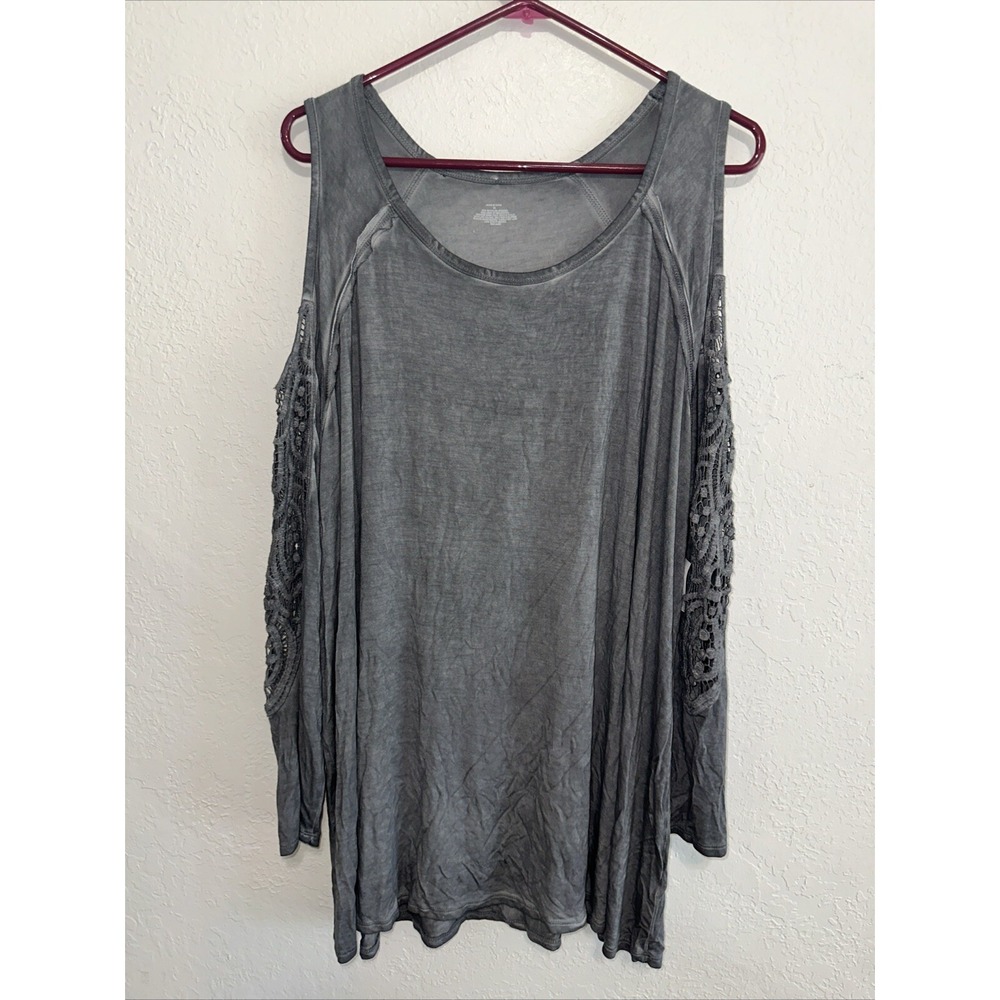 Grey Mineral Wash Cold Shoulder Top with Crochet‎ Lace Sleeves 2X Boho Tunic New